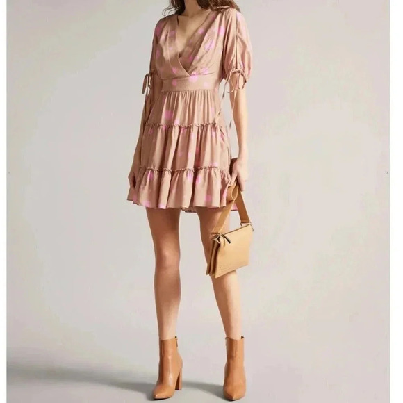 NWT Ted Baker London Stefina Pastel Brown/Pink Polka Dot Tiered Mini Dress 6 - Picture 4 of 16